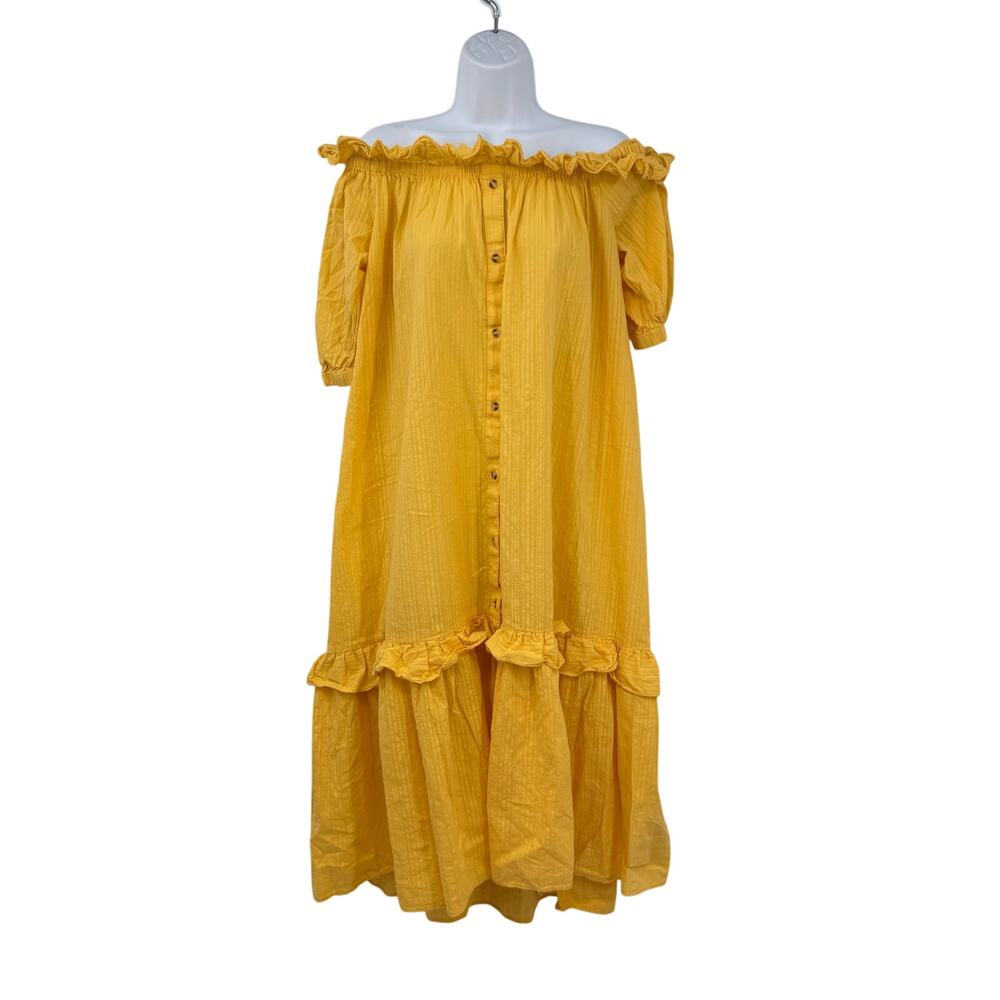 Anthropologie Ruffle Off The Shoulder Gauze Maxi Dress XSP Oversized Yellow Boho